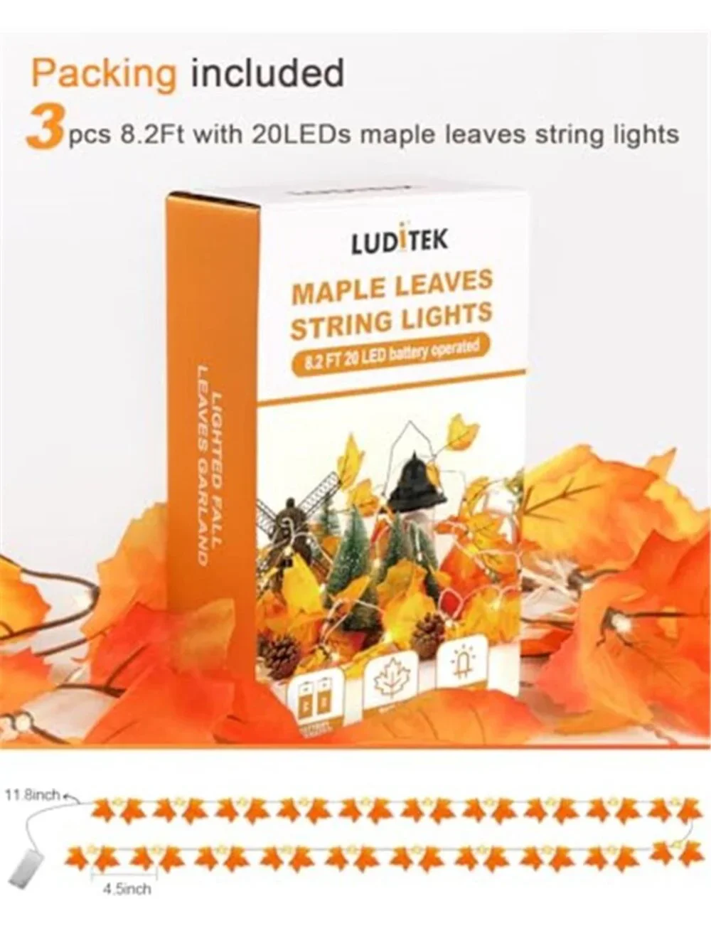 Fall Decor 3-Pack Fall Garland with Lights, Total 24.6ft 60LED